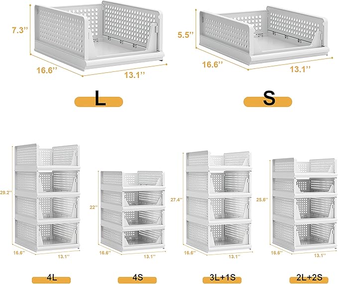 Proarea 4 Pack Stackable Plastic Storage Basket Closet Organizer Bin Foldable Clothes Organizer Storage Drawer Shelf Container for Living Room Bathroom Kitchen Office (2L+2S)