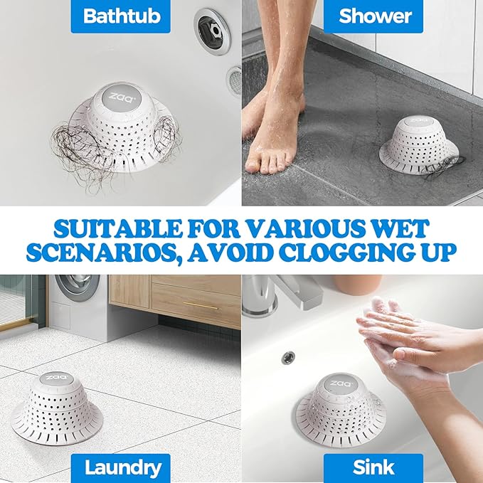 zaa Bathtub Drain Hair Catcher, Premium Silicone Collapsible 2 Pack Drain Protector for Pop-Up and Regular Drains of Shower, Bathtub, Tub, Bathroom, Sink, White