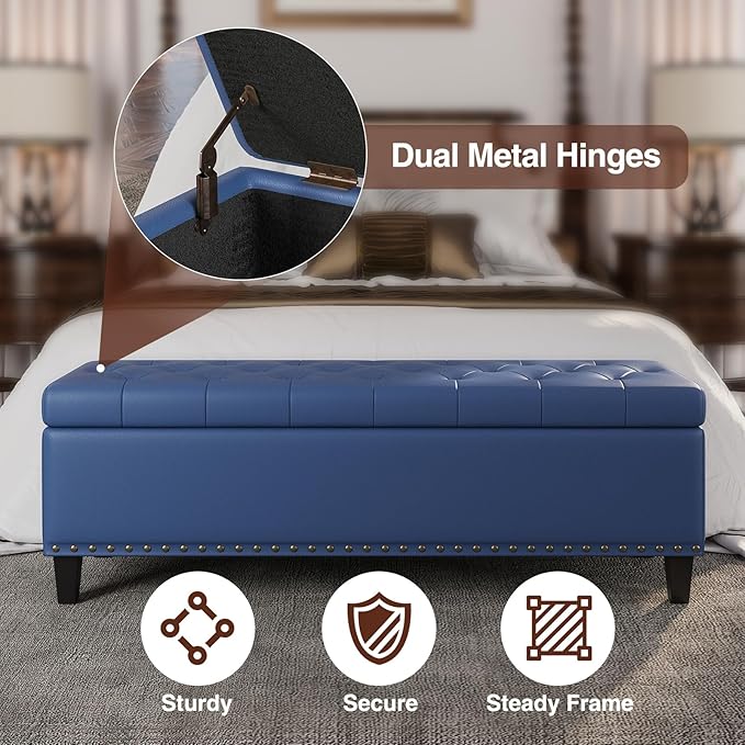 Storage Ottoman Bench, 51-Inch Large Storage Bench for Bedroom End of Bed, 30 Gallons Faux Leather Ottoman with Storage for Bedroom, Living Room, Entryway, Hallway, Blue