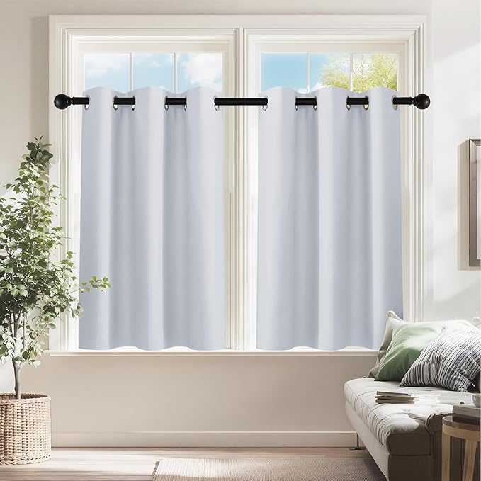 PONY DANCE White Kitchen Curtains 24 Inch Length, Room Darkening Panels Rod Pocket Privacy Drapes for RV Basement/Small Windows/Cafe, 2 Panels(2 Panels, W 29 x L 24 inches, Greyish White)