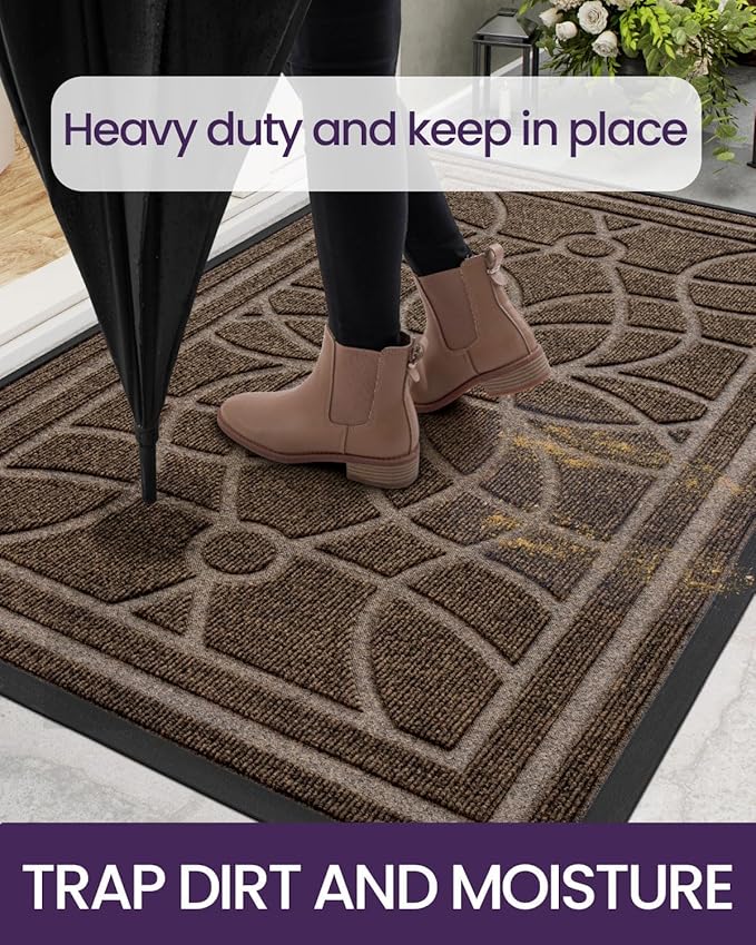 DEXI Front Door Mat Outside Entrance, Heavy Duty Non Slip Low Profile Doormat for Entryway, Trap Dirt and Moisture Welcome Mats, Easy Clean, Patio, Garage, 6x4, Brown