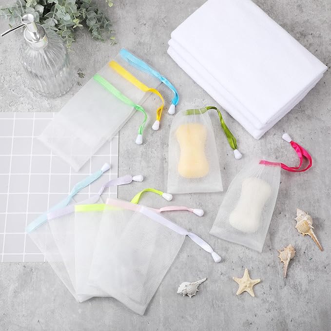 Sunnyray 25 Pcs 10 Colors Soap Bag Soft Handmade Soap Bubble Mesh Bags Exfoliating Mesh Pouch with Drawstring for Foaming and Drying for Shower Body Facial Cleaning Tool