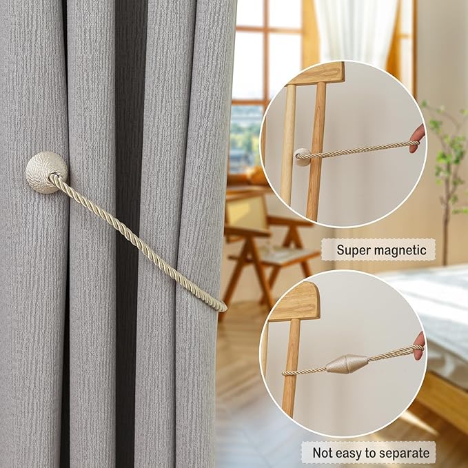 Magnetic Curtain Tiebacks 8 Pack Outdoor Rope Curtain Tie Backs Decorative Window Treatment Holdbacks for Home Decorative Curtain, Beige