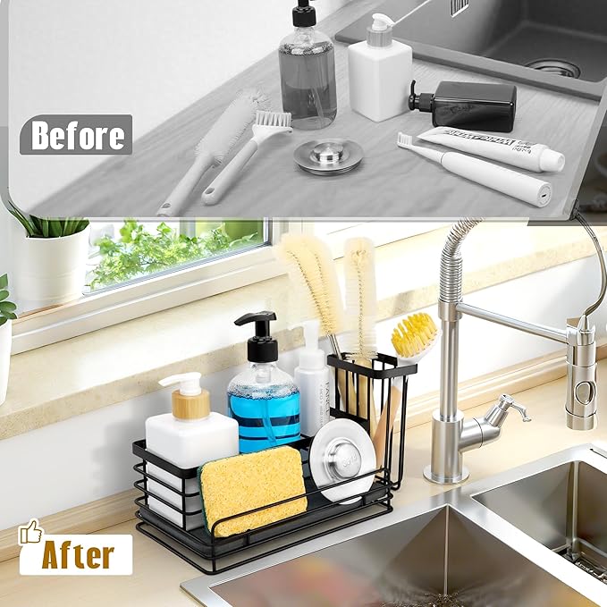 Sponge Holder for Kitchen Sink – Rustproof Sink Caddy & Kitchen Organizer with High Brush Holder, Fast Drying Diatomite Base, 304 Stainless Steel Dish Sponge Rack(Black)