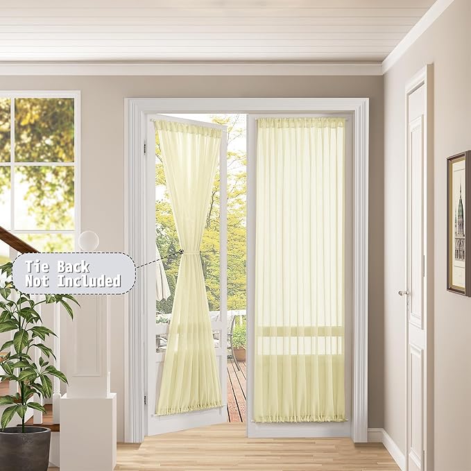 Tollpiz Sheer Door Curtain Closet Linen Textured Curtain Sheers Doorway Light Filtering Voile French Door Rod Pocket Curtains Patio Door, 25 x 80 inches Long, Transparent Yellow, Set of 1 Panel