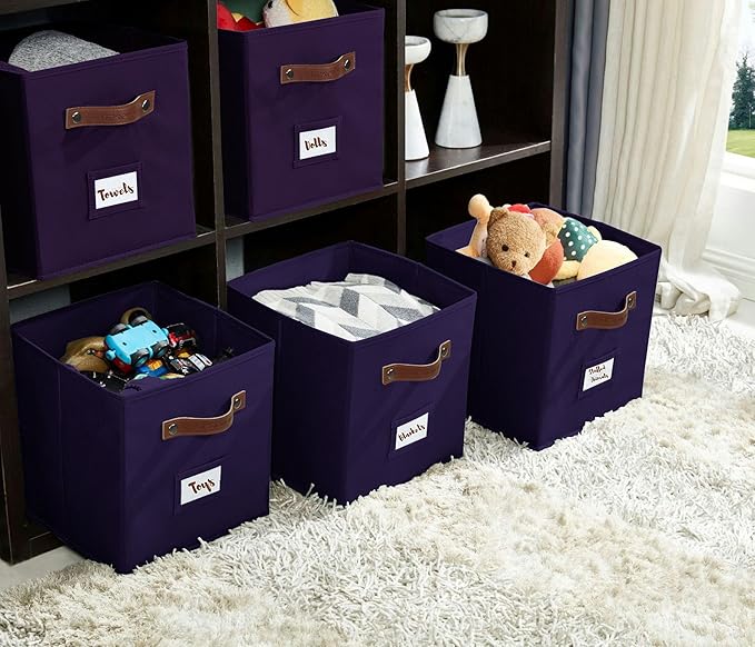 DECOMOMO Storage Bins, Cube Storage Bin with Labels, Fabric Storage Cubes for Shelves (10.5" x 11" / 6pcs, Deep Purple)