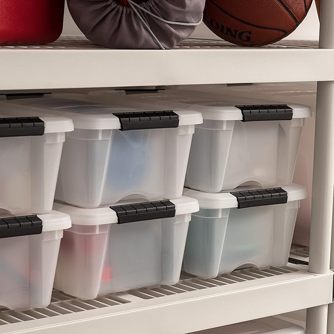 IRIS USA 13 Qt Stackable Plastic Storage Bins with Lids, 6 Pack - BPA-Free, Made in USA - Discreet Organizing Solution, Latches, Durable Nestable Containers, Secure Pull Handle - Pearl