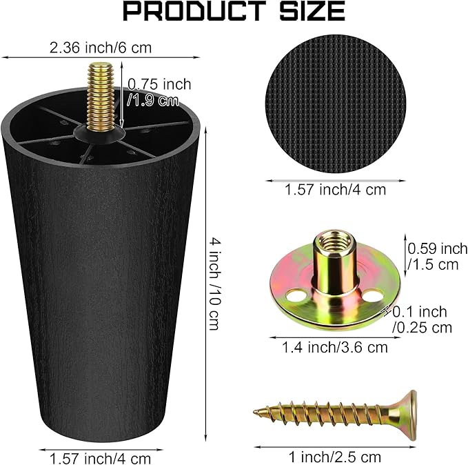 TURSTIN 8 Pack 4 Inch Plastic Furniture Legs with M8 T-Nuts Screws Tapered Sofa Couch and Chair Legs Replacement Furniture Legs for DIY Projects Sofas Coffee Tables Dressers Beds