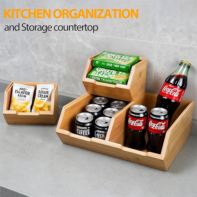 Pantry Storage Bins 3-Pack, Stackable Bamboo Containers for Potato & Onion Storage, Kitchen Organization & Decor
