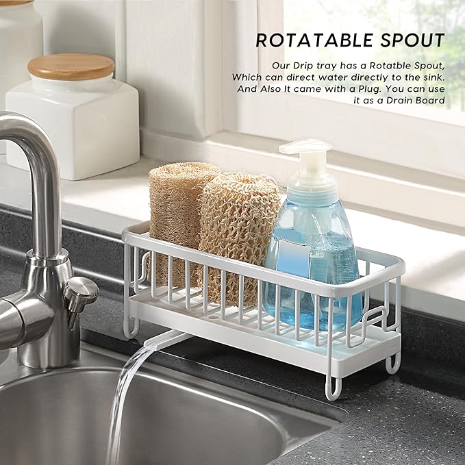 SunnyPoint Never Rust Aluminum Utensil, Sink Cleaning Tools Holder for Kitchen Sink with Drain Board; Dish Wand, Sponge, Soap Dispenser, Utensil Organizer Caddy (WHT)
