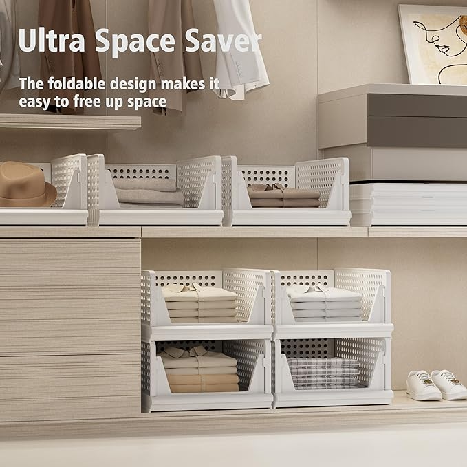 Proarea 4 Pack Stackable Plastic Storage Basket Closet Organizer Bin Foldable Clothes Organizer Storage Drawer Shelf Container for Living Room Bathroom Kitchen Office (4S)