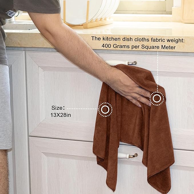 kimteny 13x28 Inches Kitchen Cloth Dish Towels, 400 GSM Premium Dishcloths, Super Absorbent Coral Velvet Microfiber Cleaning Cloths, Fast Drying Rags for Washing Dishes (6 Pack, Brown)