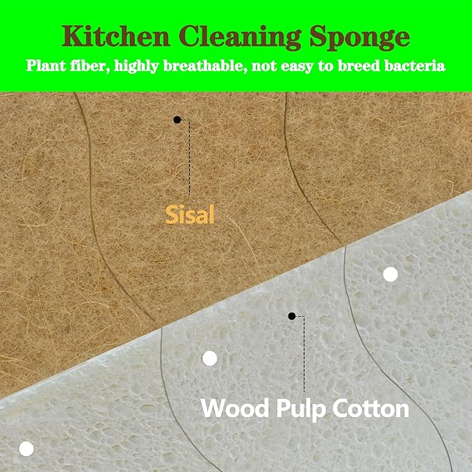 Eco Friendly Cellulose Compostable Biodegradable Kitchen Clean Sponges, for Washing Sink/Pan and Dishwashing, 15 Pack