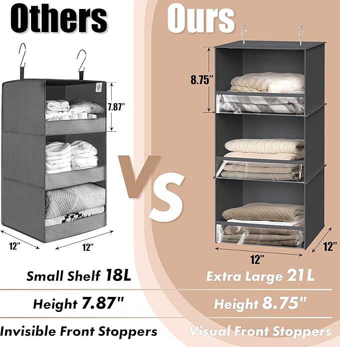 SIMPLE HOUSEWARE 3 Shelf Hanging Closet Organizer with Front Stopper, Dark Gray