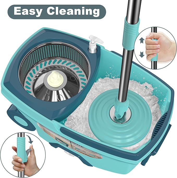 Spin Mop and Bucket System, Mop and Bucket with Wringer Set,Mops for Floor Cleaning,Household Supplies Tools with 6 Replacement Refills,61" Extended Handle for Household Hardwood Floor - Green
