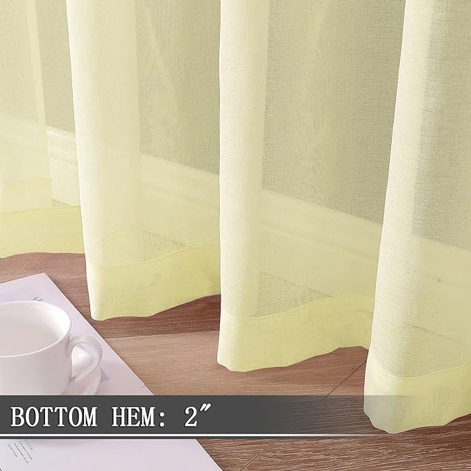 Tollpiz Sheer Tier Curtain Linen Textured Half Kitchen Curtains Sheer Light Filtering Rod Pocket Voile Small Curtains for Bathroom, 25 x 36 inches Long, Transparent Yellow, Set of 2 Panels