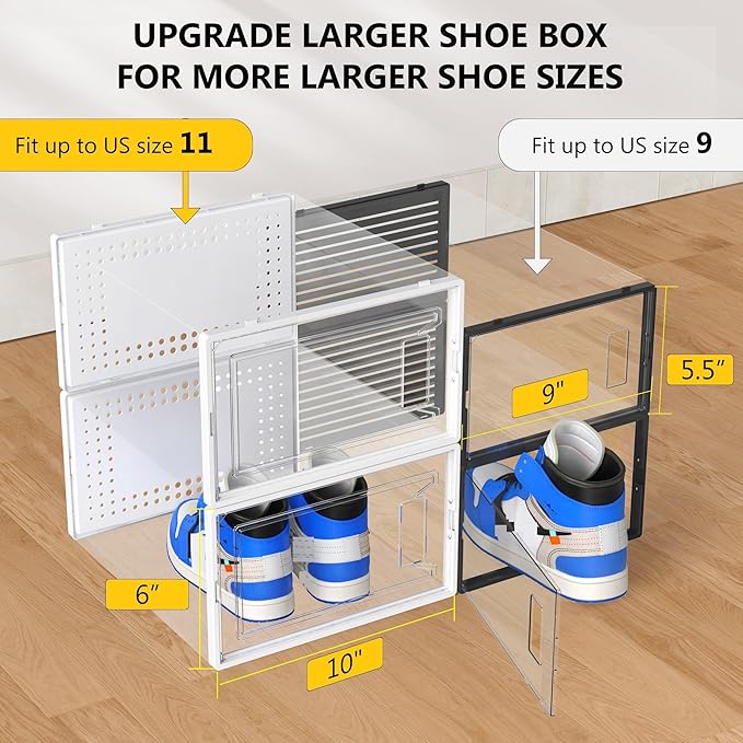 Secret Space 12 Pack X Large Shoe Organizer Storage Boxes for Closet, Modular Space Saving Shoe Boxes Clear Plastic Stackable Sneaker Containers Display Case with Lids, White