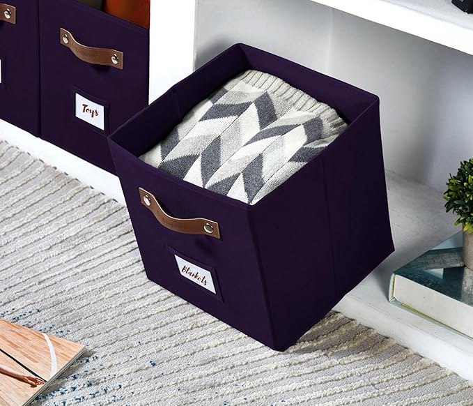 DECOMOMO Storage Baskets, 13x15x13 Storage Cube Bins with Labels for Organizing Shelves Kallax (Kallax / 4pcs, Deep Purple)