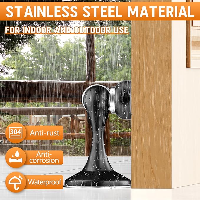 Crosize Magnetic Door Stoppers 4 Pack, Stainless Steel Door Catch for Wall and Floor Mounting, Door Holder Keep Door Open, No Drilling Door Stop with Adhesive Tapes, Black