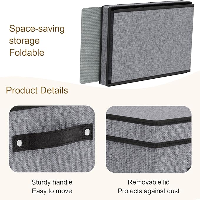 Clothing Storage Bins, Blanket Baskets for Shelves, Fabric Cubes with Handles and Lids, Decorative Linen Closet Organizers Boxes, Gray, 3 Pack, 16.5 x 11.8 x 10.2 Inch