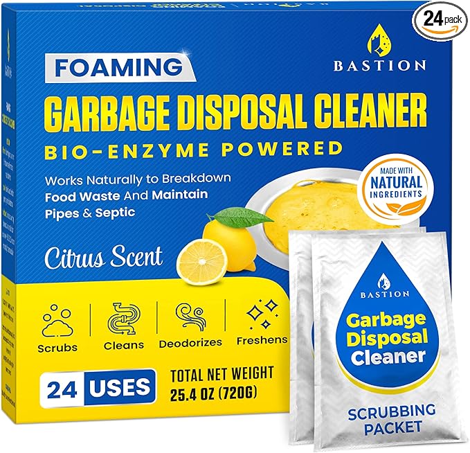 Garbage Disposal Cleaner and Deodorizer - 24-Count (1-Year Supply) Foaming Lemon Scented Kitchen Sink Freshener Pods & Drain Odor Eliminator Disposer Care by Bastion