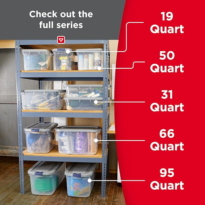 Rubbermaid Roughneck Clear 66 Qt/16.5 Gal Storage Containers, Pack of 4 with Latching Grey Lids, Visible Base, Sturdy and Stackable, Great for Storage and Organization