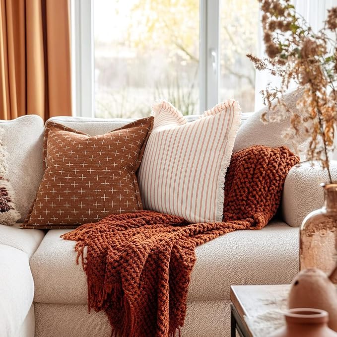 ZWJD Fall Throw Pillow Covers 26x26 Set of 2 Soft Polyester Textured Rust Pillow Covers with Stylish Flange Edge Cozy Farmhouse Throw Pillows for Couch Bed Sofa Living Room Fall Decor