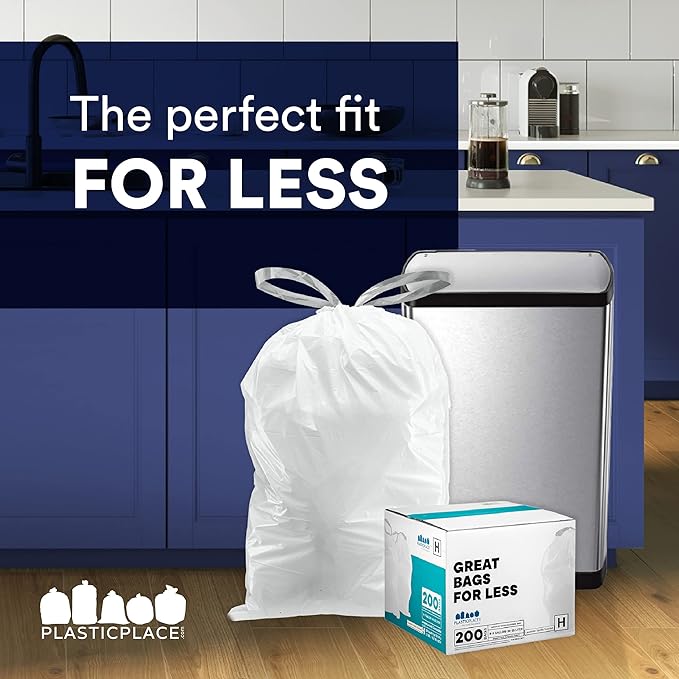 Plasticplace Custom Fit Trash Bags, Compatible with simplehuman Code G (100 Count) White Drawstring Garbage Liners 8 Gallon / 30 Liters, 17.5" x 28"