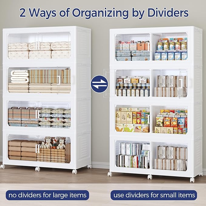 150GAL Storage Bins with Lid and Wheels, Stackable Closet Organizers and Storage Drawer, Collapsible Storage Box with Dividers, Foldable Plastic Cabinets Cubes Totes for Garage, 3 Pack White
