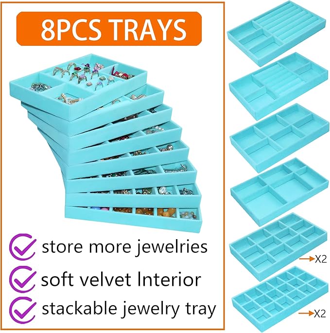 8 Pcs Velvet Jewelry Tray Stackable Jewelry Drawers Organizer Trays Rings Earrings Bracelet Organizer (8.2" x 5" x 1")