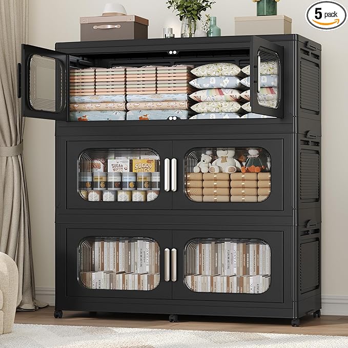 150GAL Extra Large Storage Bins with Lid, 600QT Storage Bins with Wheels, Folding Closet Organizer, Stackable Collapsible Plastic Storage Containers for Home, Office, Dorm, 3Pack Black