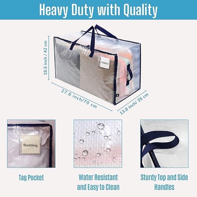 VENO 8 Pack Moving and Storage Bags, Heavy Duty, Alternative to Moving Boxes, Large Packing Totes Supplies for College Dorm Room with Zipper for Clothes, Wide Open Design (Clear, 8 Pack)