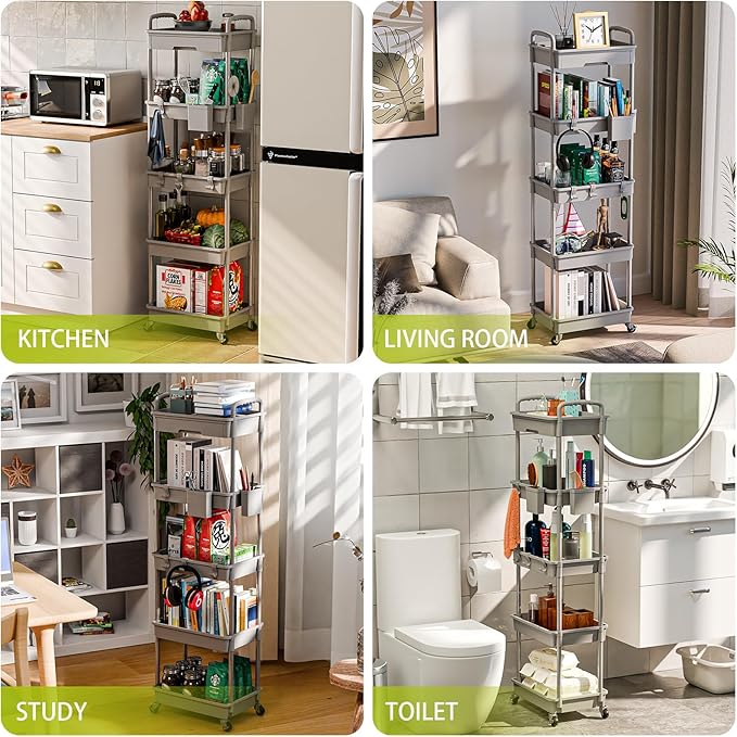 5 Tier Rolling Cart Organizer,Bathroom Cart Organizers with Wheels Laundry Room Organization Mobile Shelving Unit Utility Cart Storage Shelves Multi-Functional for Office, Home(Grey)