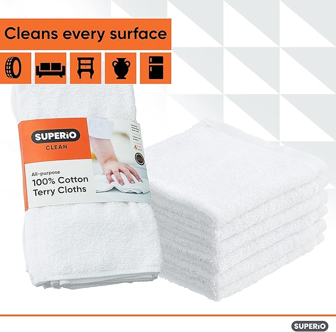 Superio Terry Cloth Rags White Washcloths 100% Cotton 12" Cleaning Cloths, Kitchen Towels, Facial Washcloth, Spa Cloths, Hand Towel, Small Lint Free Rags for Multi-Purposes (36 Pack)