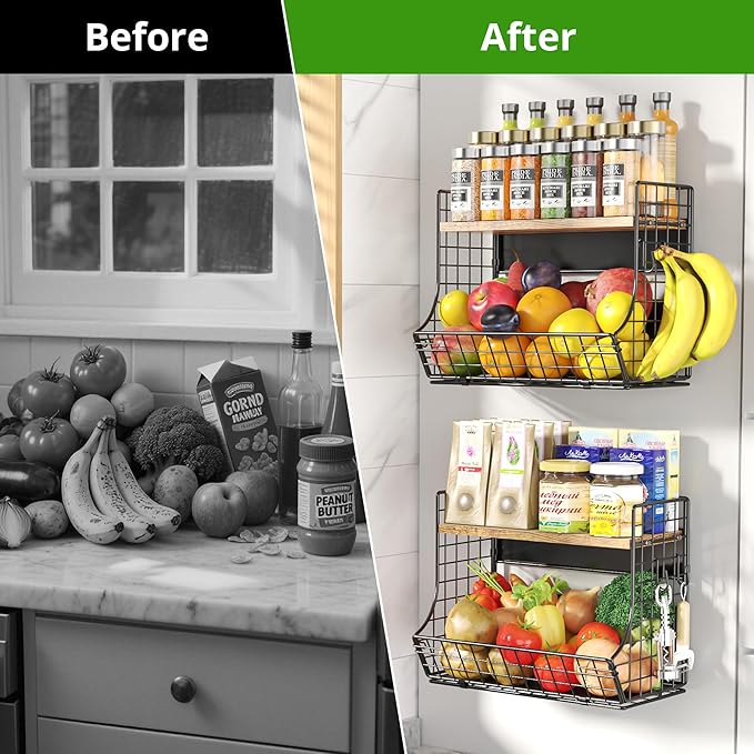 Magnetic Shelf for Fridge with Wood Lid, Fruit Potato and Onion Storage Bins, Pantry Organizers and Storage, Strong Magnetic Spice Rack for Refrigerator, Kitchen Counter and Laundry Room