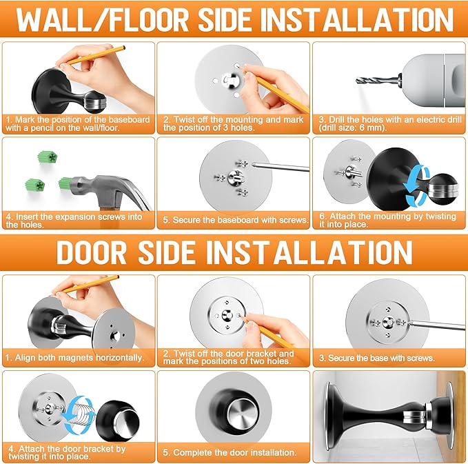 Crosize Magnetic Door Stoppers 4 Pack, Stainless Steel Door Catch for Wall and Floor Mounting, Door Holder Keep Door Open, No Drilling Door Stop with Adhesive Tapes, Black