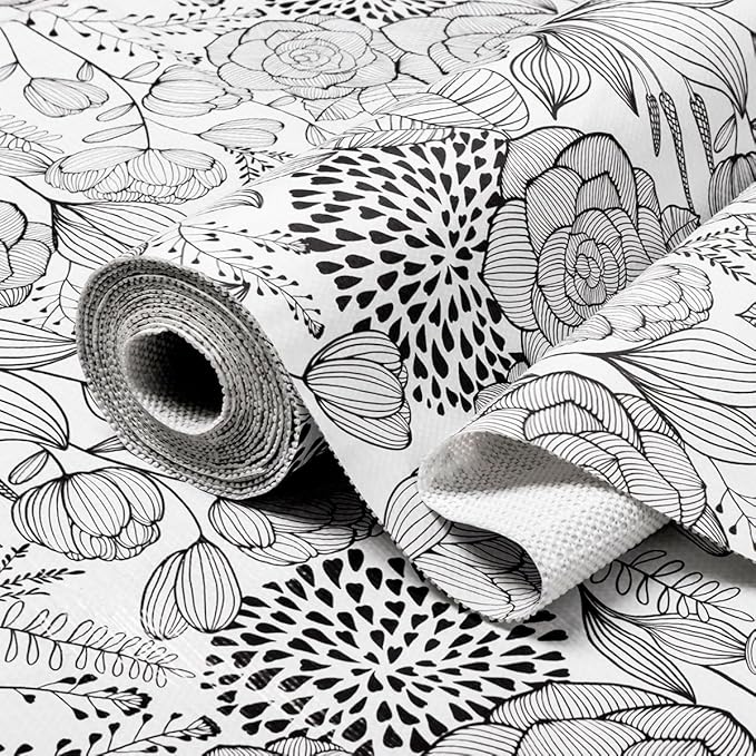 Floral Drawer and Shelf Liner for Kitchen 16IN x 10FT, Non-Adhesive and Strong Non-Slip Cabinet Drawer Liners, Waterproof Thickened Shelf Liner,Easy to Clean,Black and White