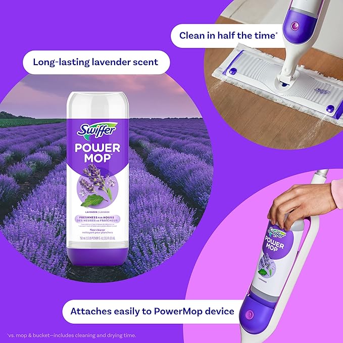 Swiffer Power Mop Refill Pack, Floor Cleaner for Mopping Tile, Vinyl, Laminate, Wood in Home, Bathroom, Kitchen, All Purpose Multi-Surface Cleaning, 5 Pads + 1 Lavender Solution