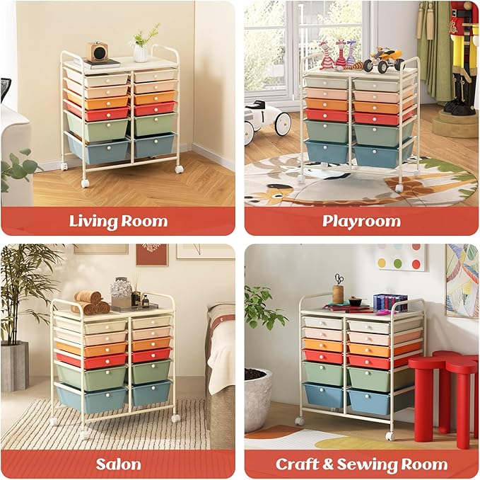 GOFLAME 12-Drawer Rolling Storage Cart, Multipurpose Organizer with 2 Sizes Plastic Drawers, Mobile Utility Cart with Lockable Casters for Home, Office, Beauty Salon, School, Macaron Color