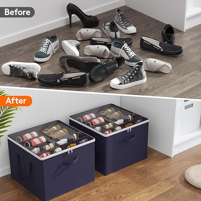 Lifewit Shoe Storage Organizer for Closet Fits 12-16 Pairs, Fabric Large Shoe Box Storage Containers with Clear Cover, Foldable Bins Fit for Boots Heels Sneakers 17"(L) x 17"(W) x 12.5"(H) 2 Pack Blue