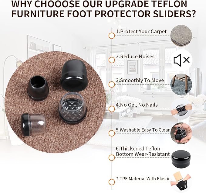 Ezprotekt 24 Pcs Black Chair Leg Sliders for Carpet, Round Teflon Furniture Glides for Rug, Carpet Sliders Protectors Caps for Couch, Dining Chair, Table Legs, Bar Stool Legs (M Fit: 7/8" to 1")