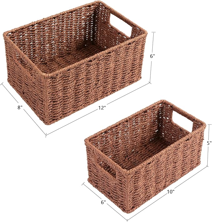 HOONEX Woven Baskets for Storage, Paper Rope Baskets with Sturdy Metal Wire Frame, Baskets for Shelves, Set of 2, Dark Brown