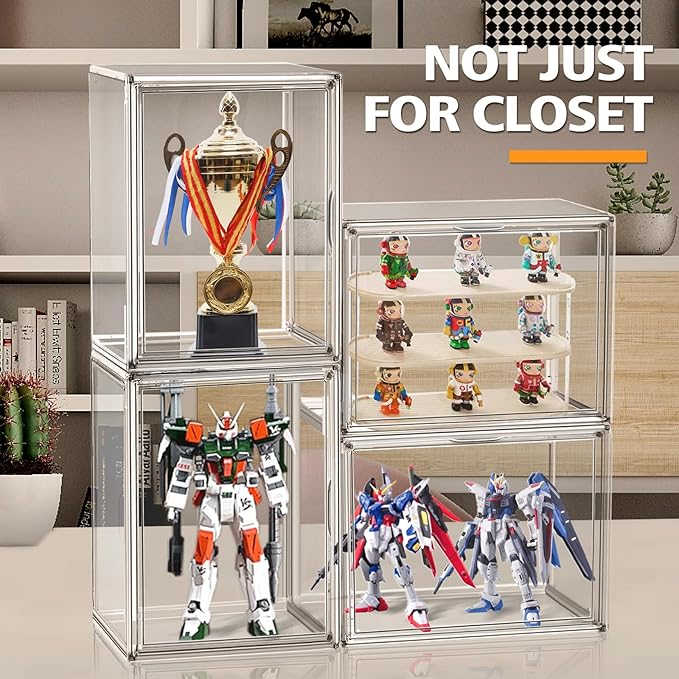 4Pack Clear Shoe Box Organizer, Acrylic Display Cases for Book Cosmetic Figures Collectibles Showcase, X-Large Bag Stackable Plastic Storage Bins with Magnetic Lid