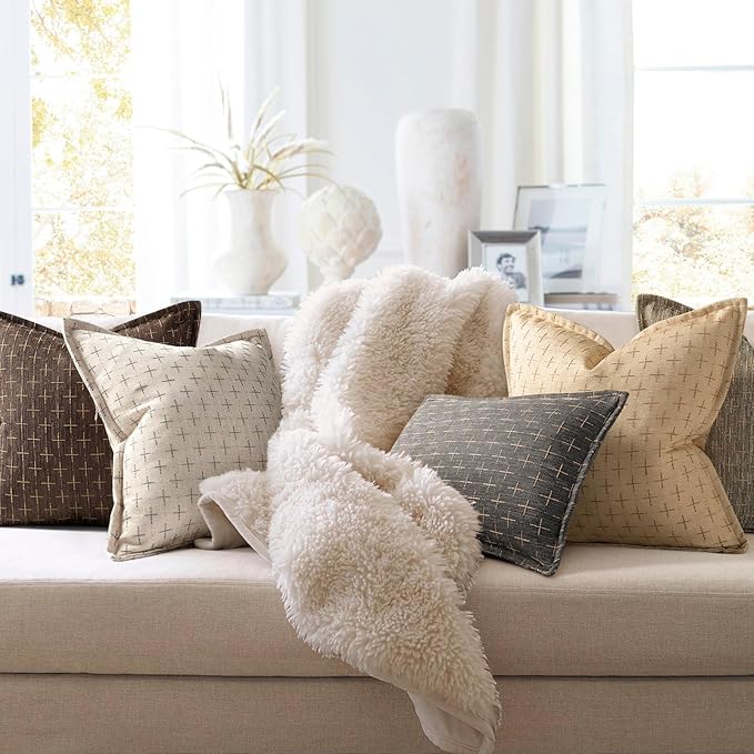 ZWJD Pillow Covers 16x16 Set of 2 Soft Polyester Textured Pillow Covers with Stylish Flange Edge Cozy Farmhouse Throw Pillows for Couch Bed Sofa Living Room