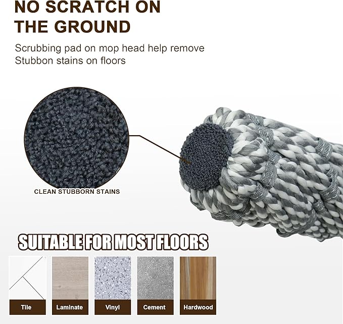 Self Wringing Mop - Easy Squeeze Twist Mop with 52.5 Inch Long Handle, Heavy Duty for Hardwood, Tile, Vinyl & Laminate Floors (Gray)