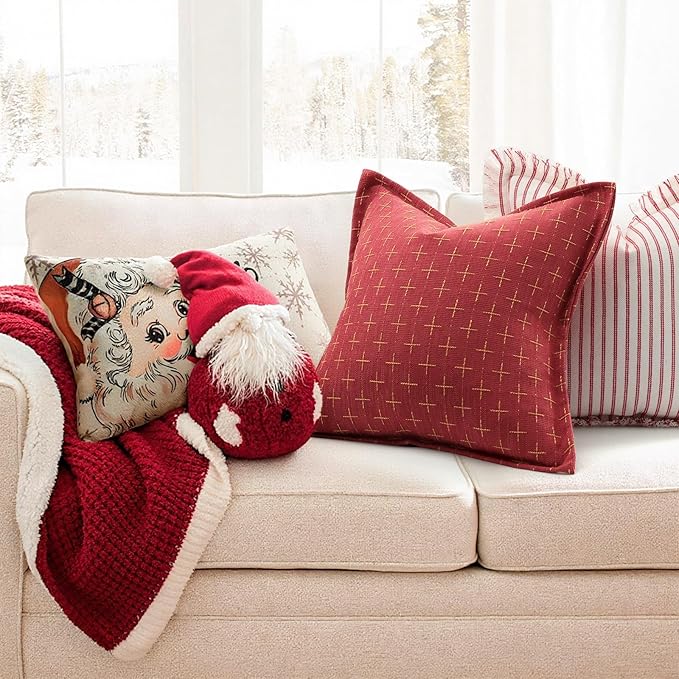 ZWJD Christmas Pillow Covers 24x24 Set of 2 Soft Polyester Textured Red Pillows with Stylish Flange Edge Cozy Farmhouse Christmas Decor for Couch Bed Sofa Living Room (Red)