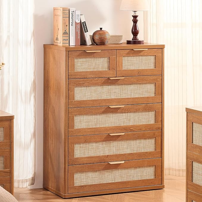 LEYAOYAO Rattan Dresser for Bedroom, 42" Tall Chest of Drawers, Modern 6 Drawers Boho Dressers with Storage, Vintage Brown Dresser Wooden Closet Organizer for Living Room, Hallway
