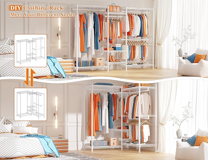 Raybee Clothing Racks for Hanging Clothes Heavy Duty Clothes Rack Load 750LBS Garment Rack, 77" H x 70.5" W x 13.8" D, White