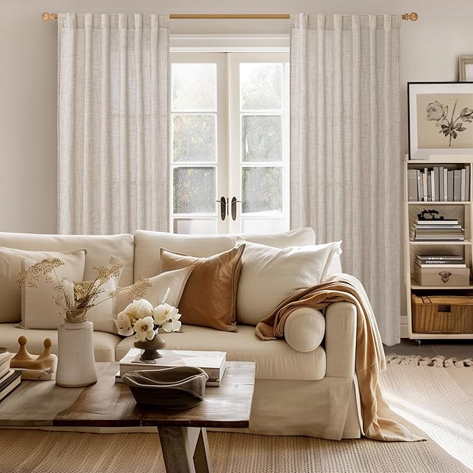 YoungsTex 84 Inch Length Linen Curtains for Living Room 2 Panels - Semi Sheer Drapes with Rod Pocket Back Tab Light Filtering Window Treatments for Bedroom Dining, Natural, 52 X 84 Inch