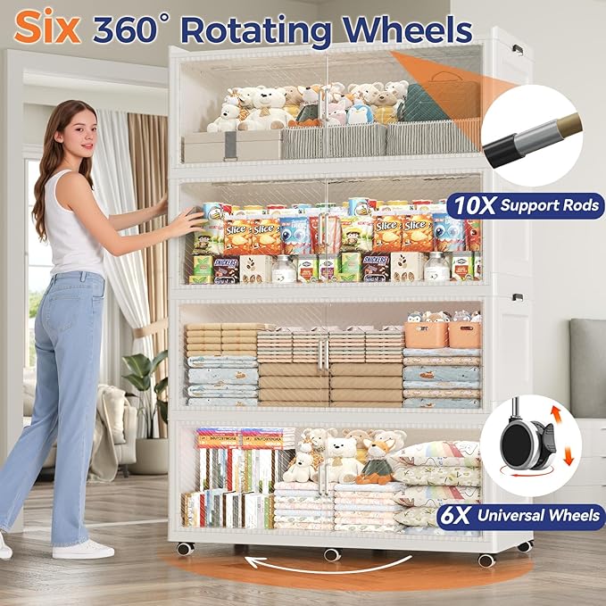 200GAL Extra Large Storage Bins with Lid, 800QT Collapsible Organizer with Wheels, Stackable Closet Cabinet with Doors, Folding Storage Containers for Home, Office, Dorm, 4Pack White